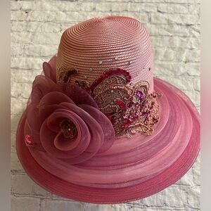MS DIVINE PINK SEQUINS BEADED LACE LARGE FLOWER BOW STRAW FANCY WOMEN’S HAT